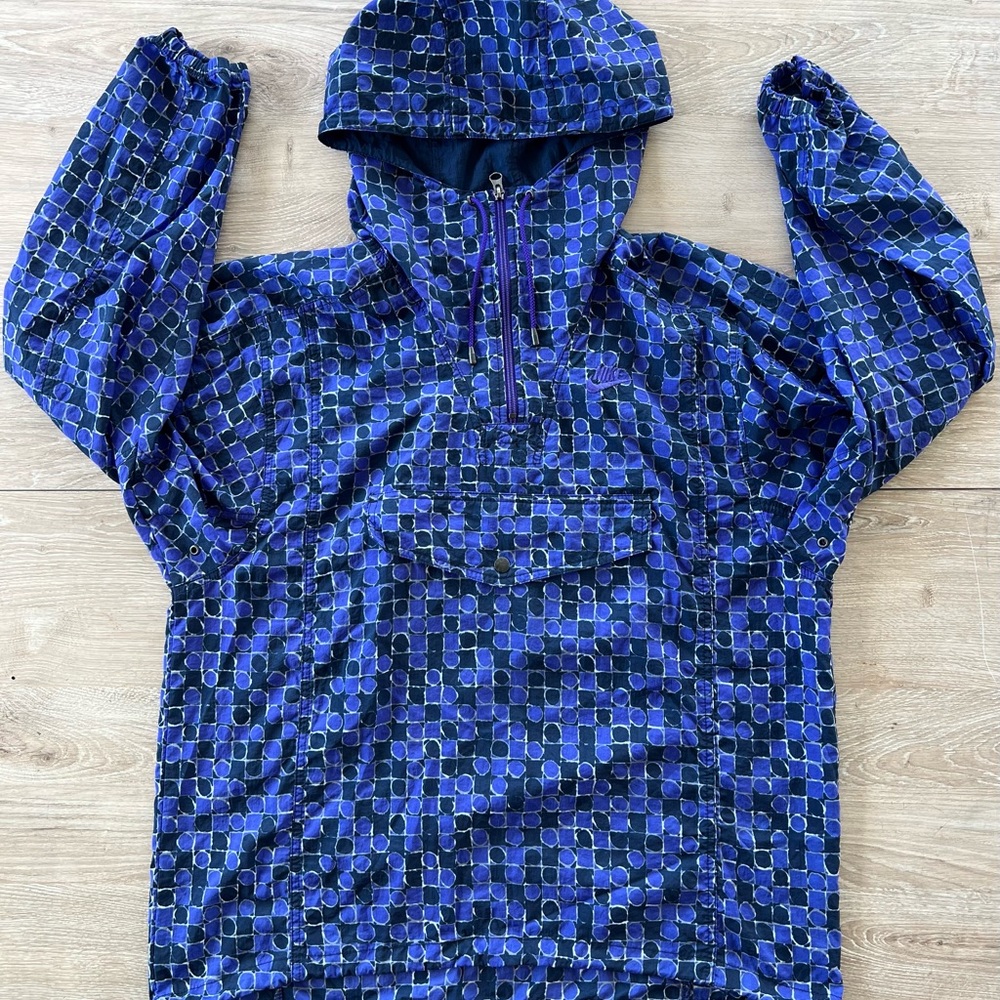 Vintage 90s Nike Spell Out Logo Hooded Anorak Windbreaker Purple Black Geo Print